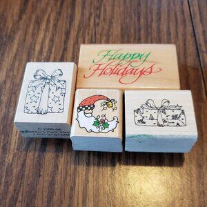 Lot of 4 Holiday Themed Wood Mounted Rubber Stamps